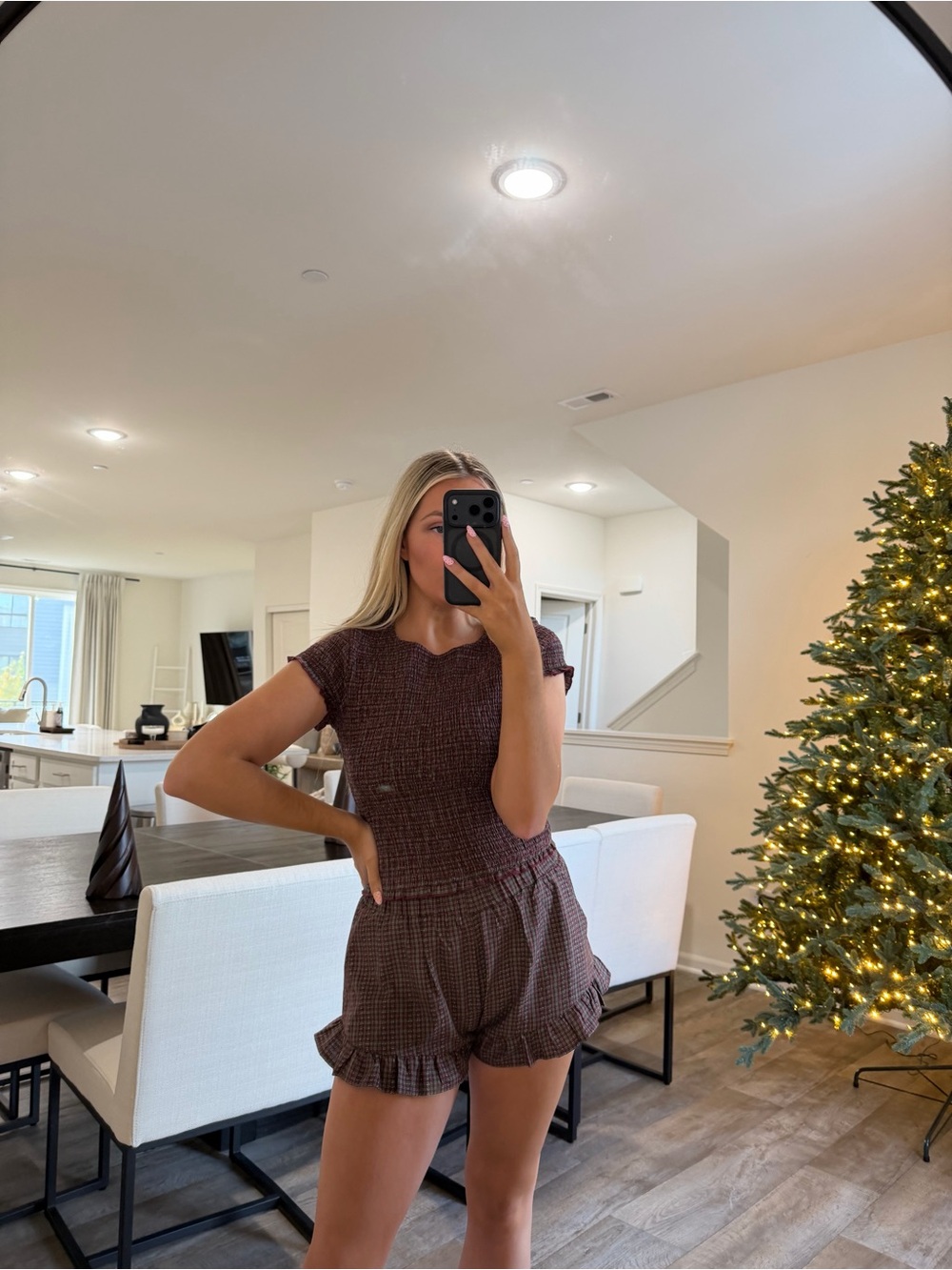 Blue blush red and green gingham plaid holiday set top and shorts ruffle